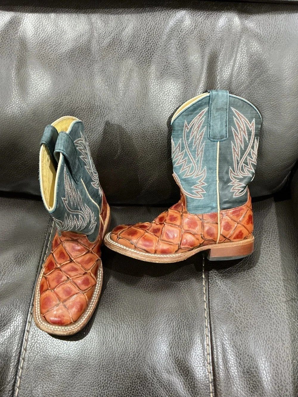Horse Power Kids Blue/Cognac Brown Leather Western Cowboy Boots
